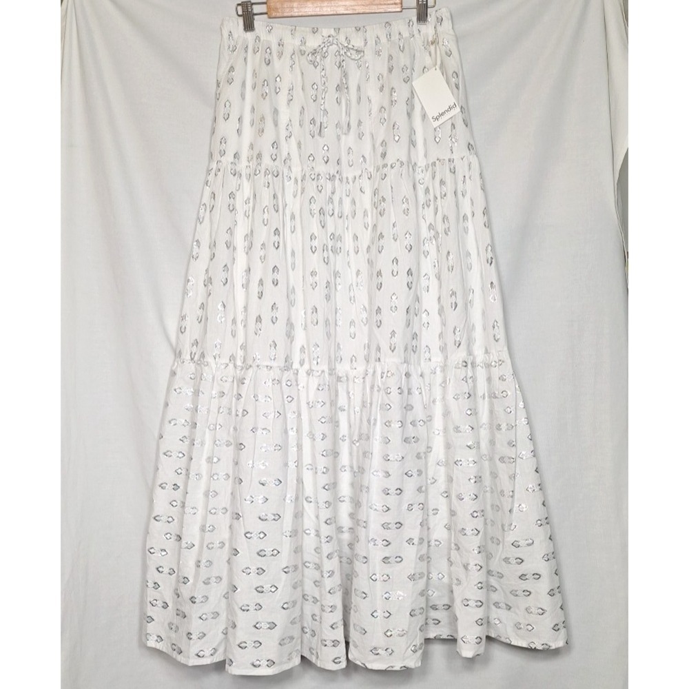 Splendid M White Cotton Silver Thread Design Tiered Maxi Skirt Lined Cottagecore